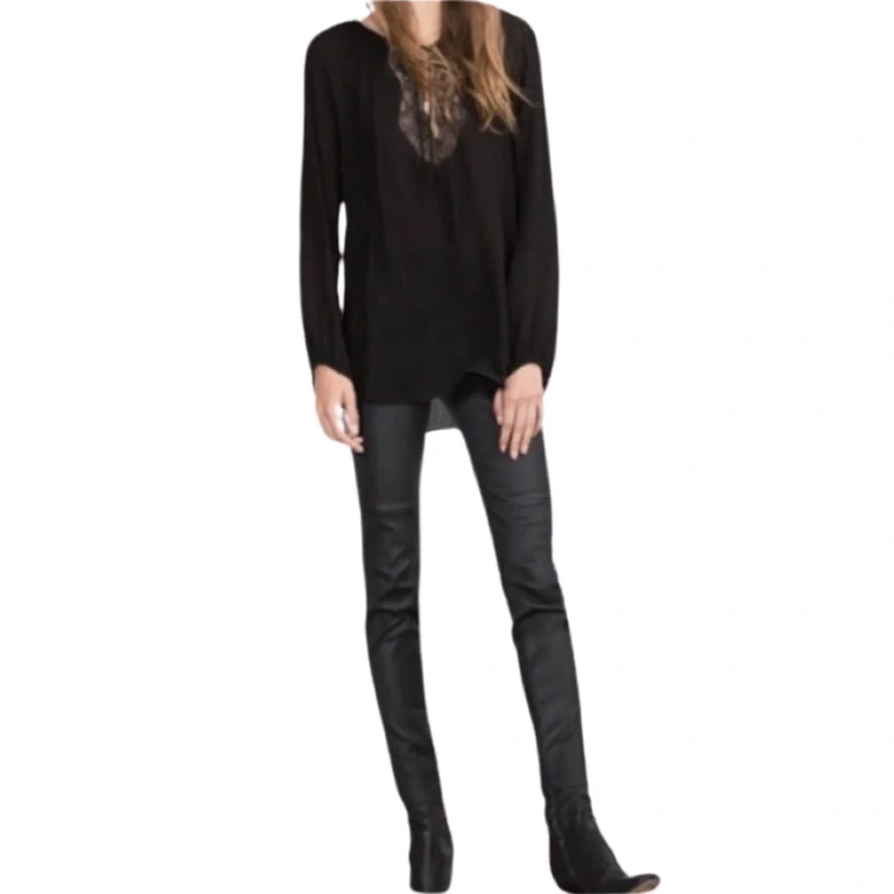 ZARA Black Lace & Tie-Front Blouse - Picture 2 of 5